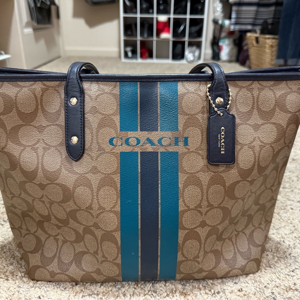 Coach Signature Brown and Blue Briefcase - Picture 3 of 11